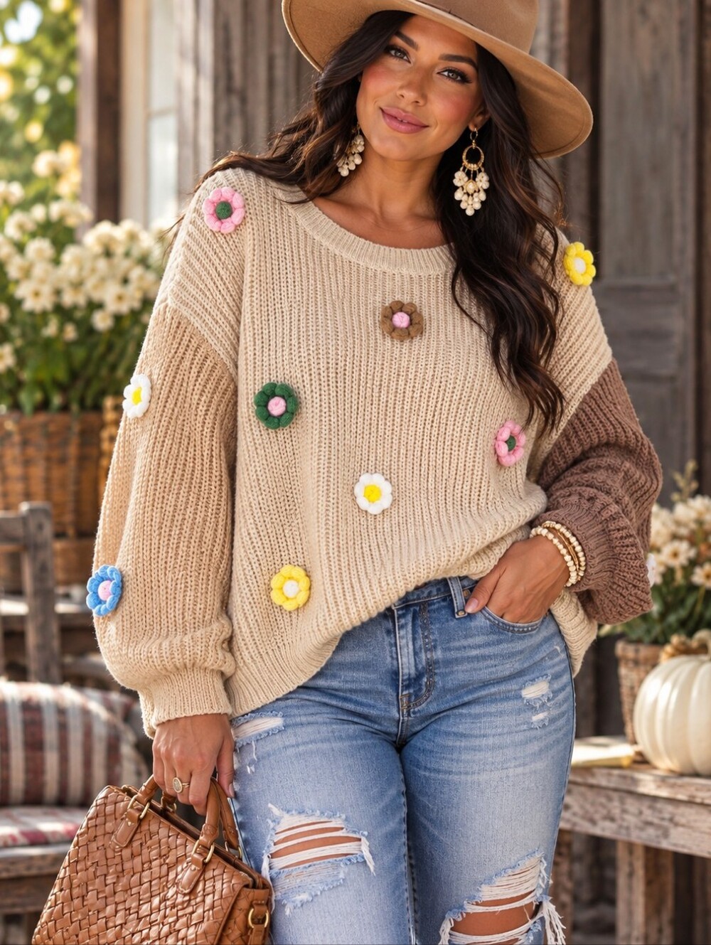 BiBi 3D Crochet Floral Applique Colorblock Knit Sweater Oatmeal XL